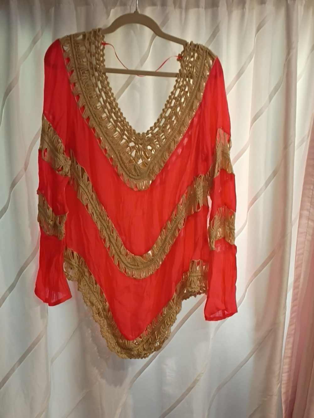 Umgee Women's Coral Sheer Blouse with Beige Trim. Cotton Poly